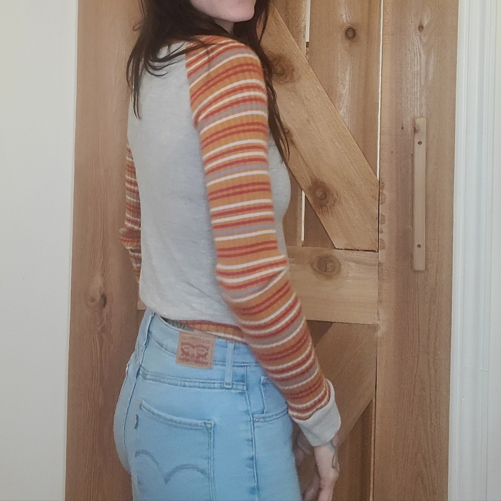 Handmade Retro Gray and Orange Striped Long Sleeve Top - Picture 2 of 6